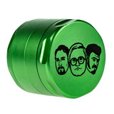 Green aluminum 4-part grinder with diamond-shaped teeth and pop culture design, compact and portable