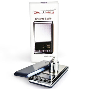 DigiWeigh Chrome Digital Pocket Scale, 0.01 accuracy, front view on white background