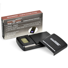 DigiWeigh Digital Pocket Scale open front view showing LCD screen, 0.01g accuracy, with box
