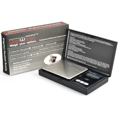 DigiWeigh Notebook Digital Pocket Scale open view, compact design, 5" x 3" steel platform
