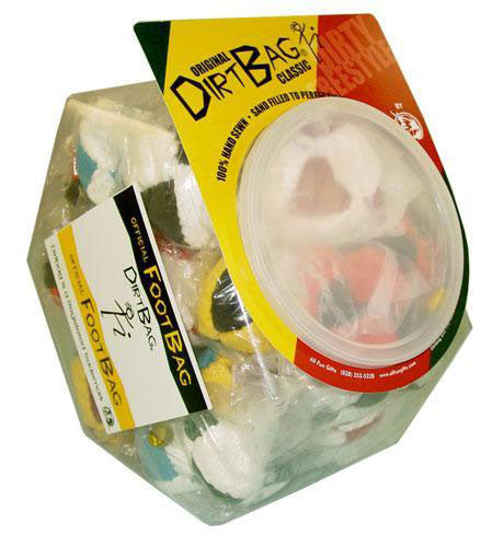 Assorted Dirtbag Microsuede Footbags in a clear fishbowl container, 48 count, angled view