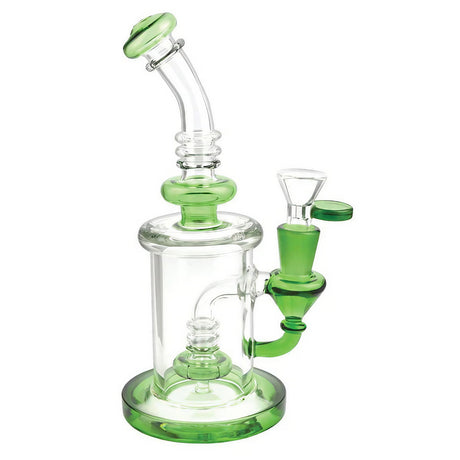 Borosilicate glass water pipe with green disc percolator, heavy wall, and 90 degree joint
