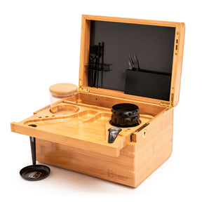 DISCOVERY Bamboo Storage Stash Box Open Front View with Accessories