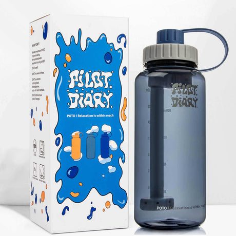 PILOT DIARY POTO Water Bottle Bong in Grey - Front View with Packaging
