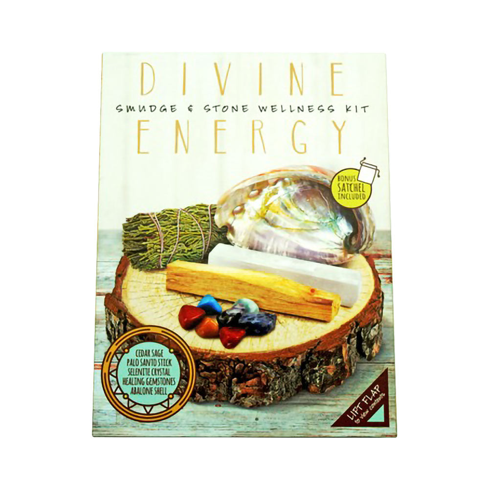 Divine Energy Smudge & Stone Wellness Kit on wooden slice, with sage, crystals, and palo santo