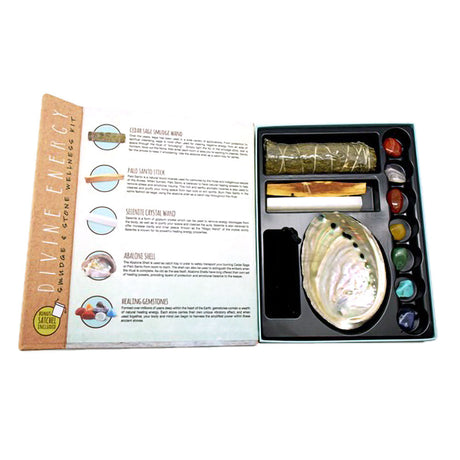 Divine Energy 12pc Smudge & Stone Wellness Kit with gemstones, sage, and shell