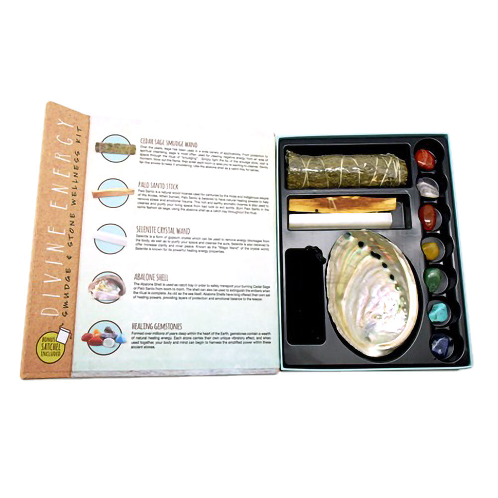 Divine Energy 12pc Smudge & Stone Wellness Kit with gemstones, sage, and shell