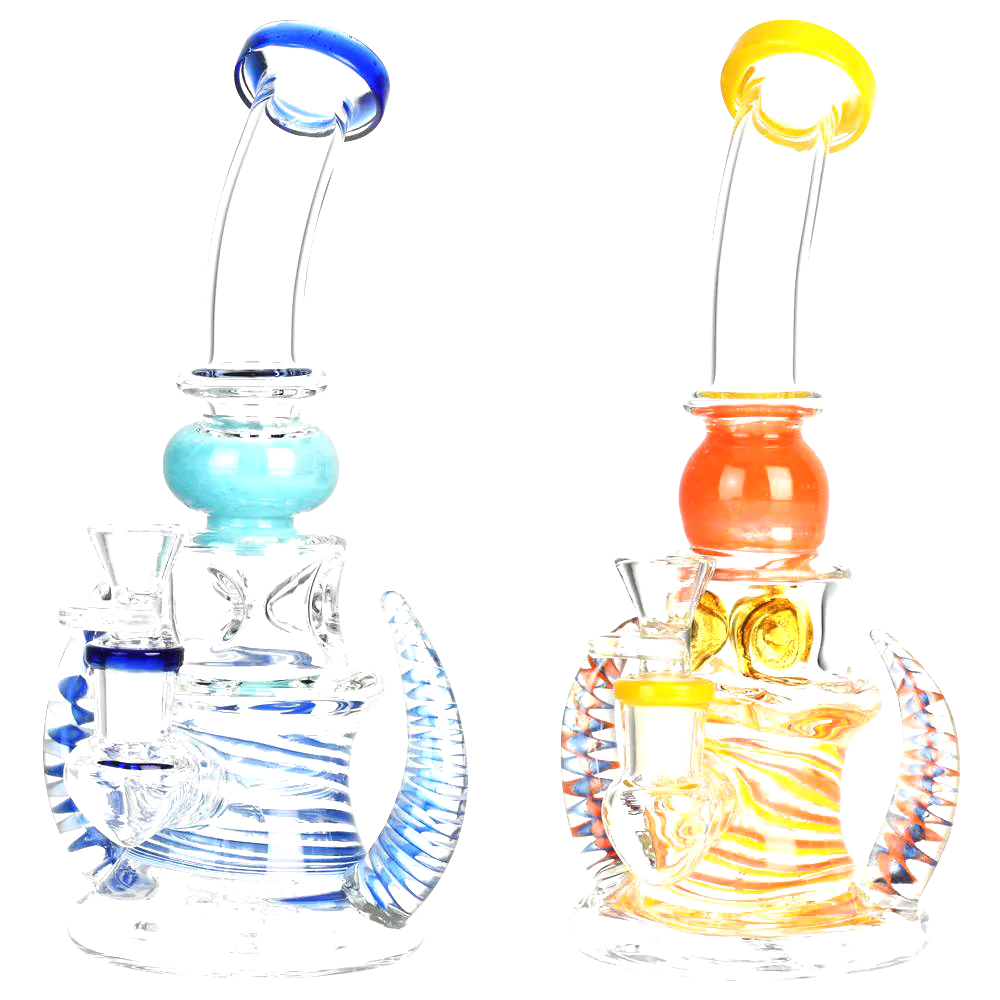 DNA Spiral Horned Bent Neck Water Pipes in Blue and Orange, 9" Showerhead Percolator