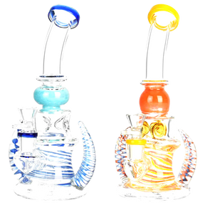 DNA Spiral Horned Bent Neck Water Pipes in Blue and Orange, 9" Showerhead Percolator