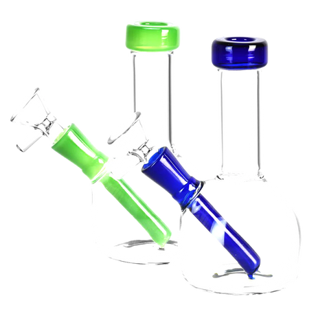 Dome Beaker Mini Water Pipes in green and blue with slit-diffuser for dry herbs, 45-degree joint