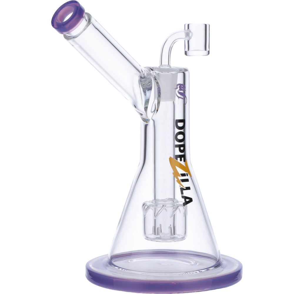 Dopezilla Basilisk 9" Beaker Dab Rig with Drum Percolator in Clear and Purple, Front View