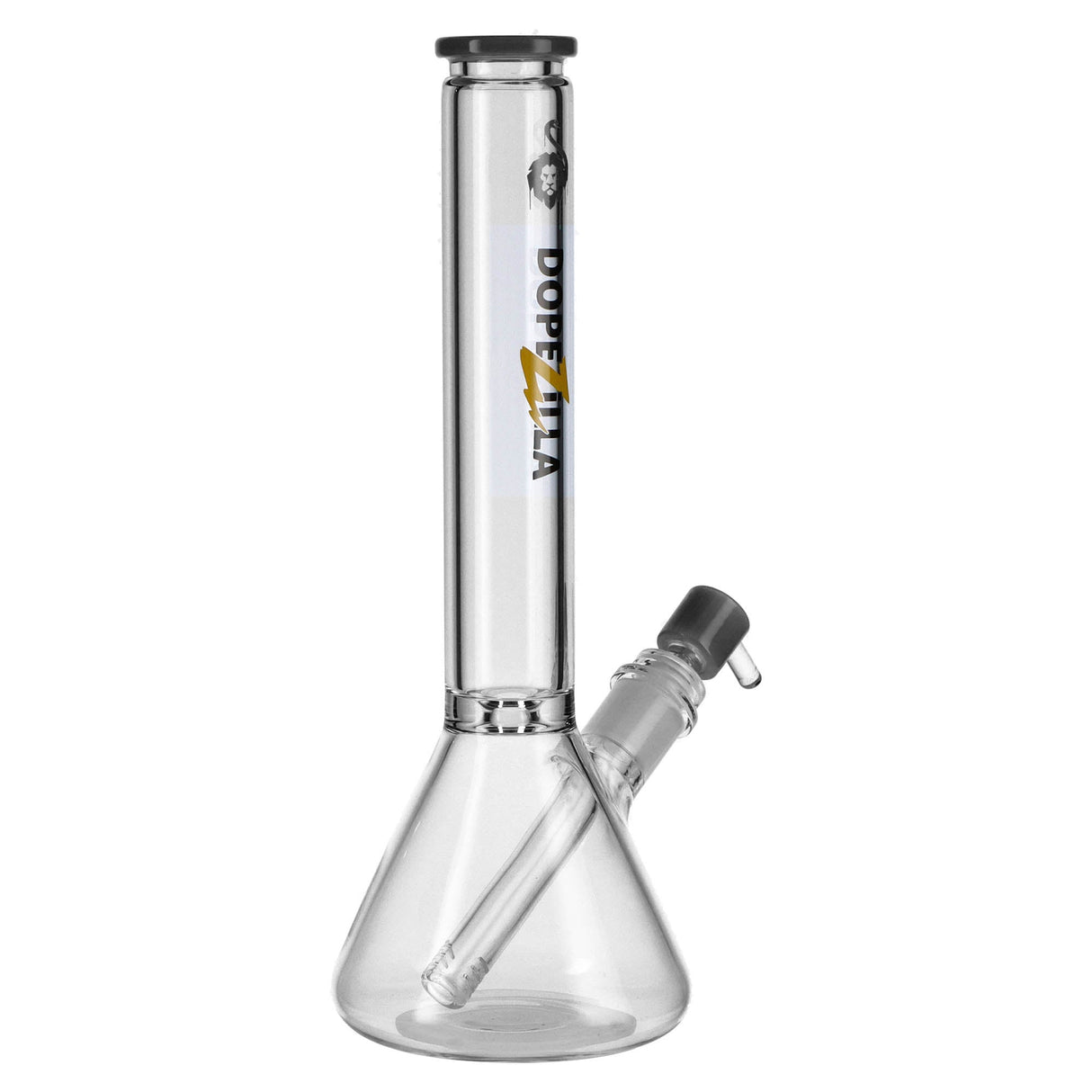 Dopezilla Chimera Clear Glass Beaker Water Pipe with Black Accents, Front View on White Background
