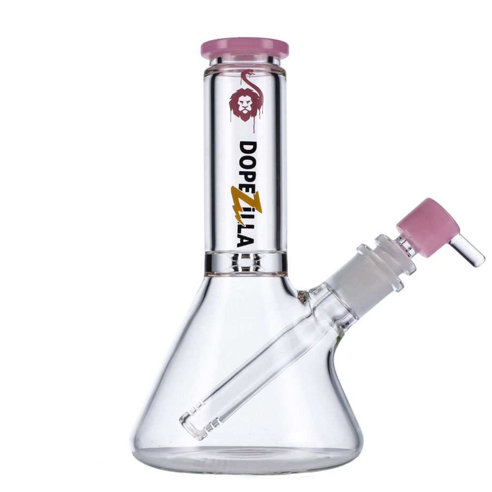 Dopezilla Chimera Beaker Water Pipe in Black and Pink, 8" Height, Borosilicate Glass, Side View