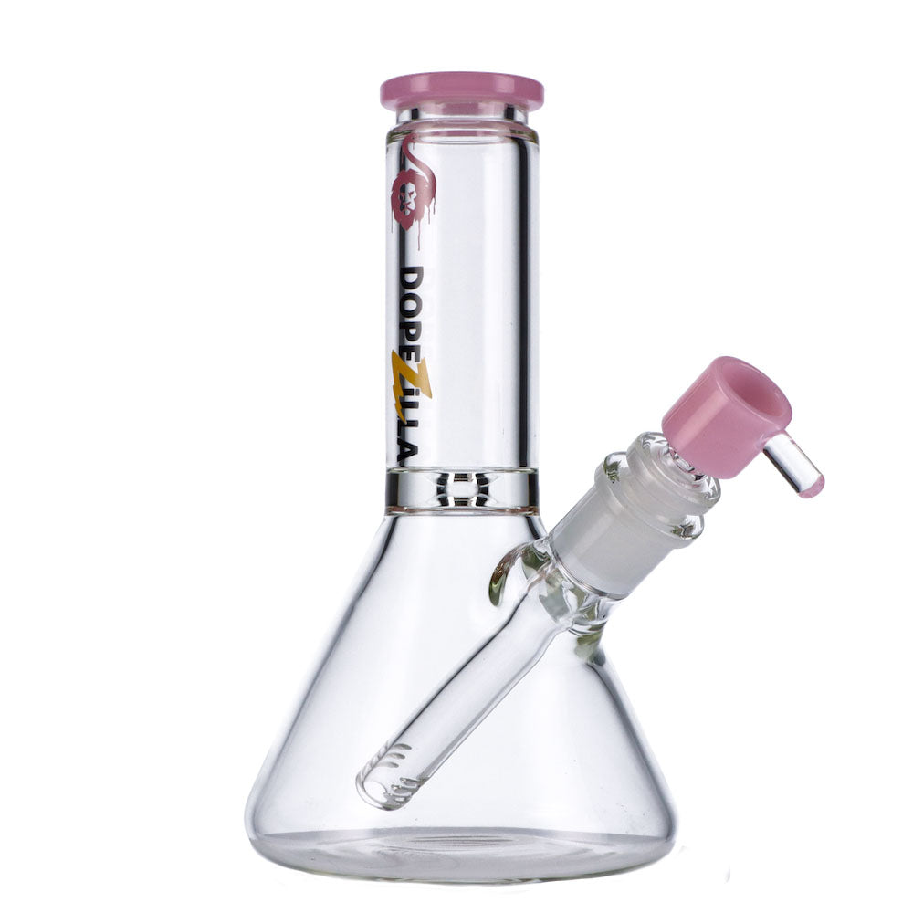 Dopezilla Chimera Beaker Water Pipe in Clear Borosilicate Glass with Pink Accents - Front View
