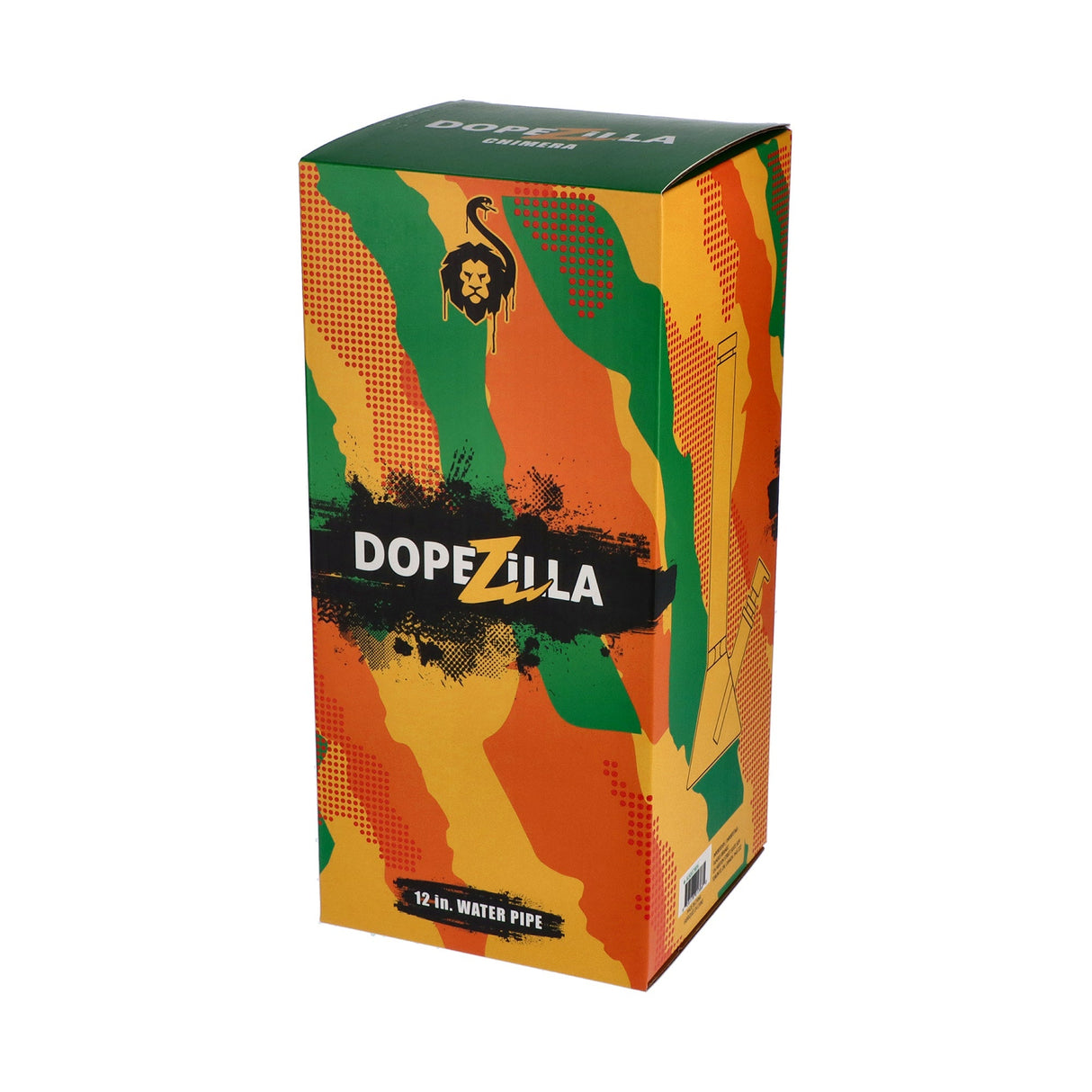 Dopezilla Chimera Beaker Water Pipe packaging box, front view, colorful design for 12" bong