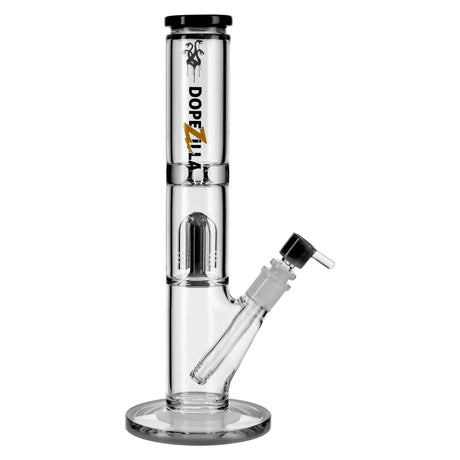 Dopezilla Hydra straight water pipe, 13 in, clear borosilicate glass with black accents, front view