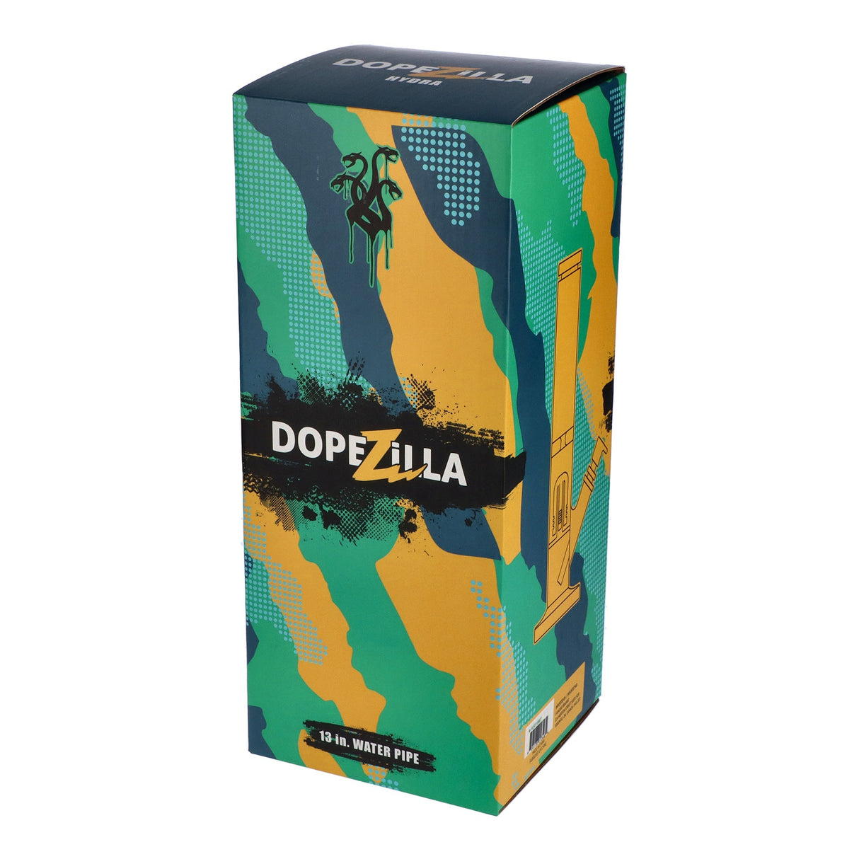 Dopezilla Hydra straight water pipe packaging, 13" and 16" options, vibrant colors