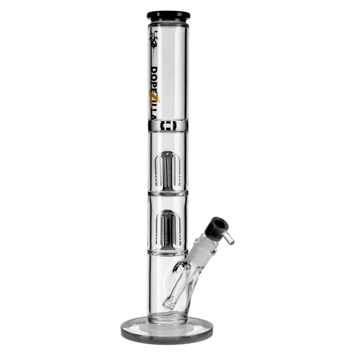 Dopezilla Hydra straight water pipe, clear borosilicate glass with black accents, side view