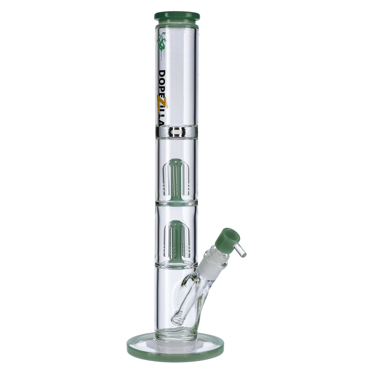 Dopezilla Hydra straight water pipe in clear borosilicate glass with green accents, front view