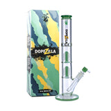 Dopezilla Hydra straight water pipe with tree percolator, clear borosilicate glass, 16 inch, next to box