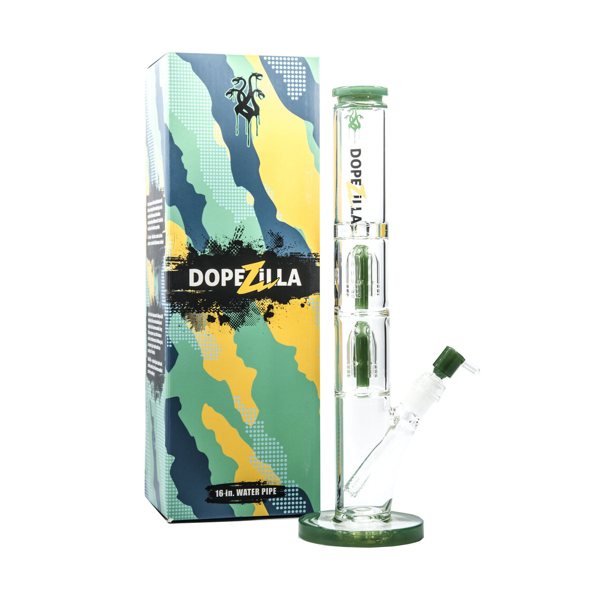 Dopezilla Hydra 16" Straight Water Pipe in Clear with Tree Percolator, next to its Box