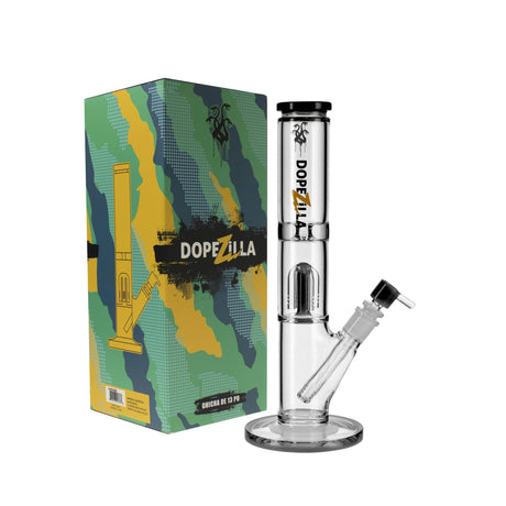 Dopezilla Hydra straight water pipe with tree percolator, 13" and 16" options, clear and black design, beside branded box.