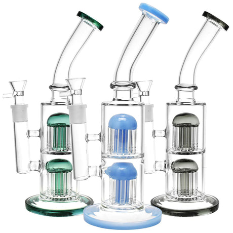 Trio of Double Stack Jellyfish Perc Water Pipes with heavy wall borosilicate glass, front view on white background