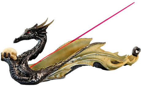 Polyresin Dragon Holding Skull Incense Burner, 12" long, Side View on White Background