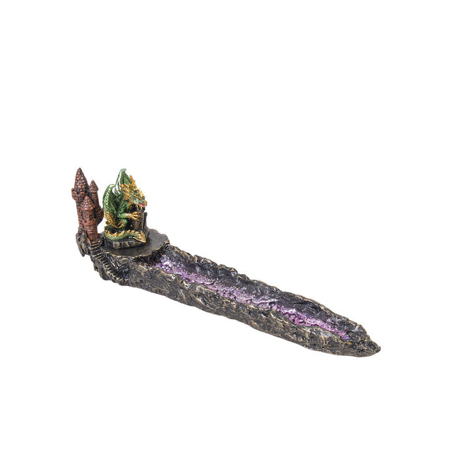 Polyresin Dragon with Castle Incense Burner, 10.5" size, angled view on white background