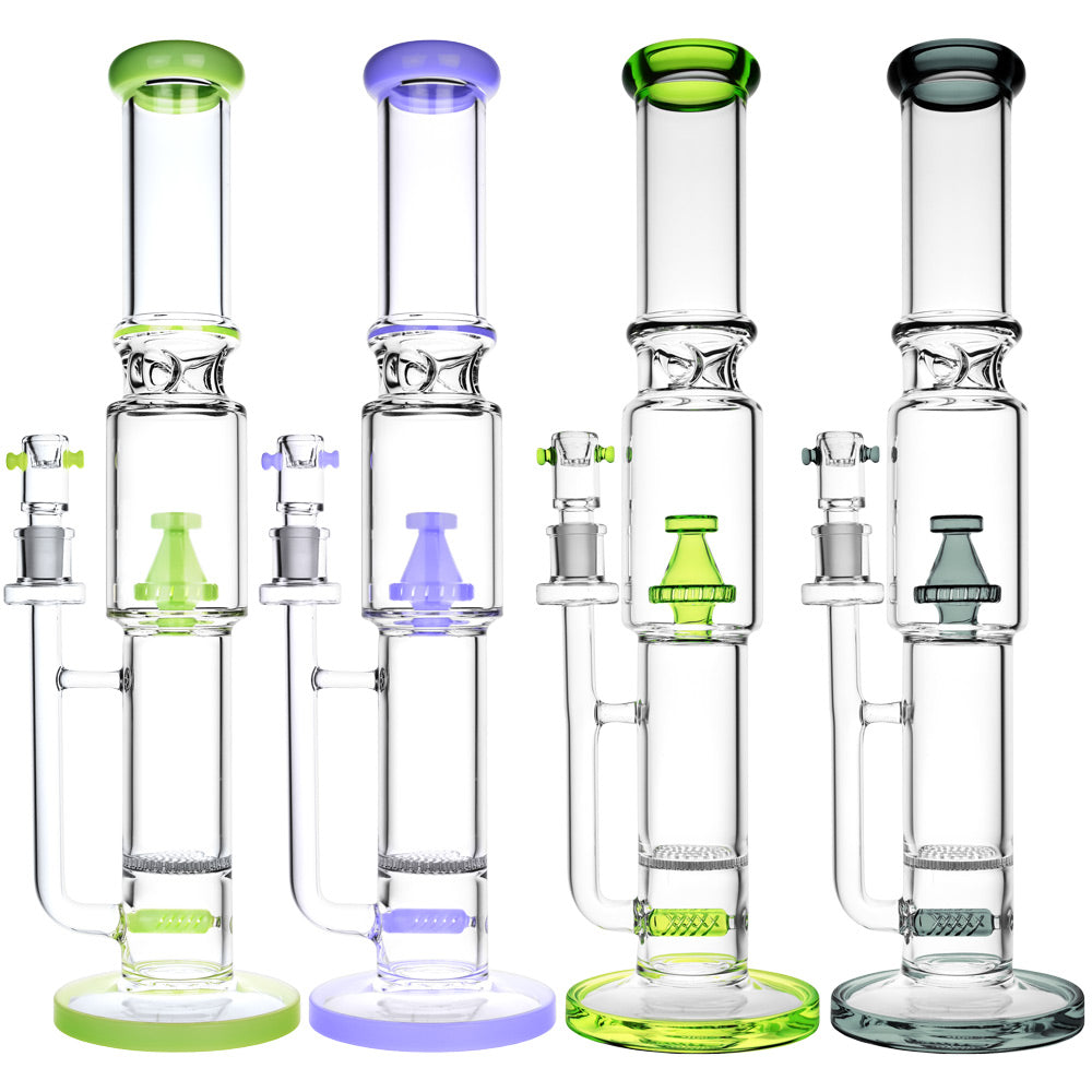 Dual Chamber Triple Perc Water Pipes in various colors with clear borosilicate glass, front view