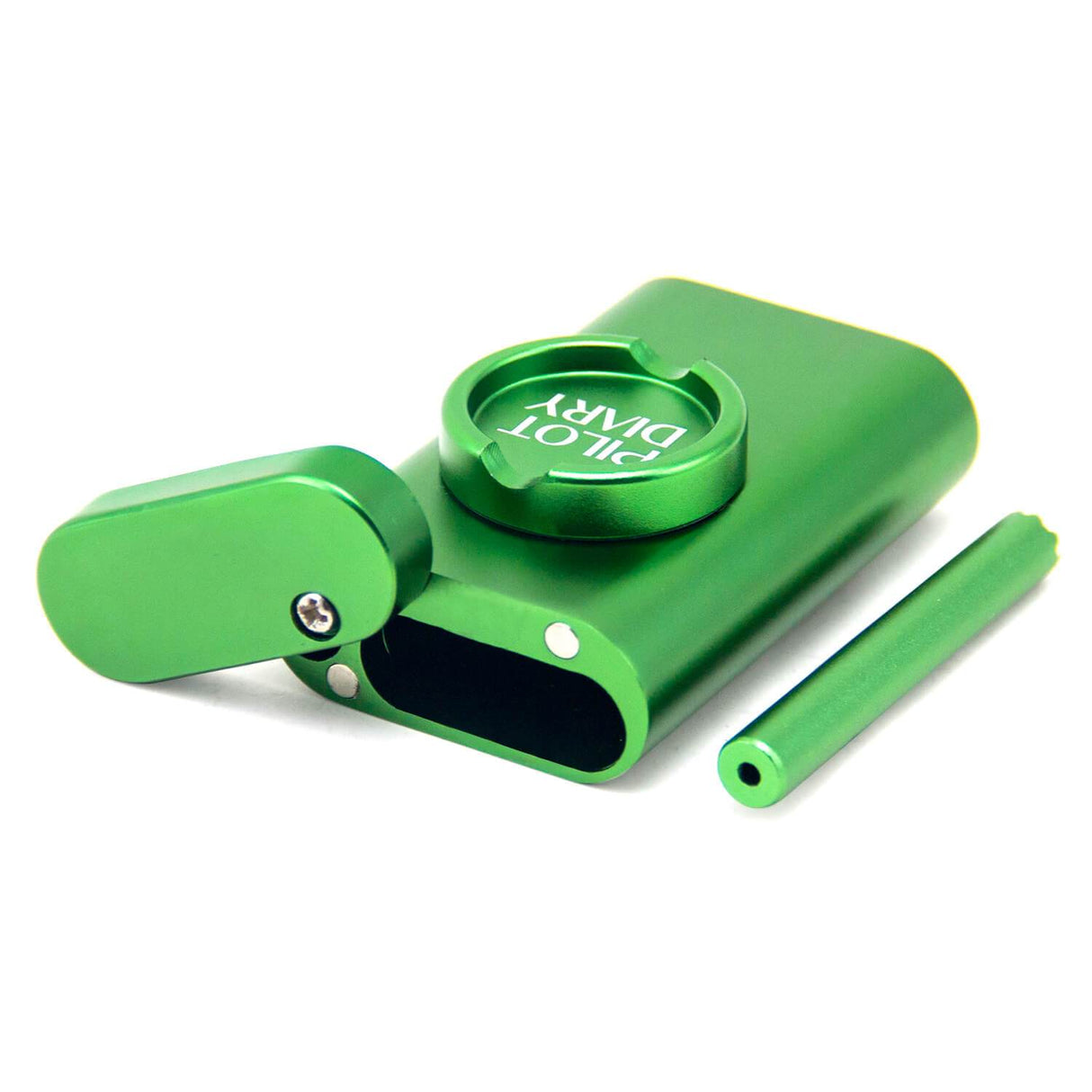 PILOT DIARY Dugout with Mini Grinder in Vibrant Green, Front View with One-Hitter Pipe