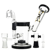 EVOLUTION Dust Devil 7" Dab Rig in Black with Borosilicate Glass and Quartz, front view with accessories