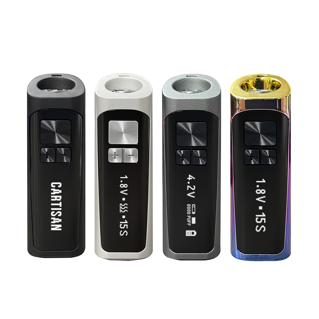 Cartisan Tac Vaporizer in four colors, front view, with adjustable voltage settings