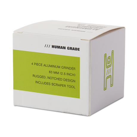 Human Grade Grinder 2A packaging, 2.5" 4-piece aluminum with notched design, front view.