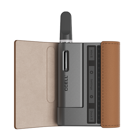 CCELL Fino vaporizer in gray with brown leather case, front view on white background
