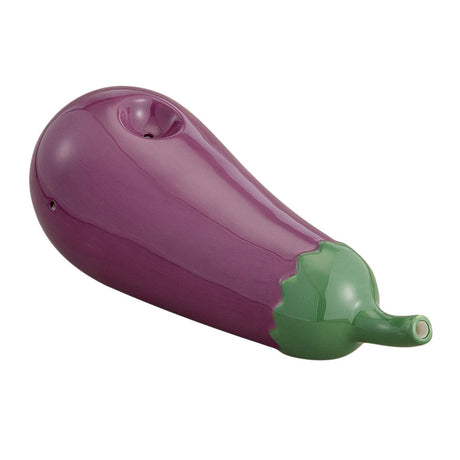 Eggplant-shaped ceramic smoking pipe, 7.5" spoon design for dry herbs, angled side view