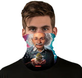 Front view of Einstein Neck Gaiter by StonerDays with vibrant print, worn by a male model