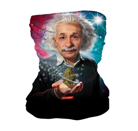 Einstein Neck Gaiter by StonerDays with cosmic design and Einstein graphic, front view on white background