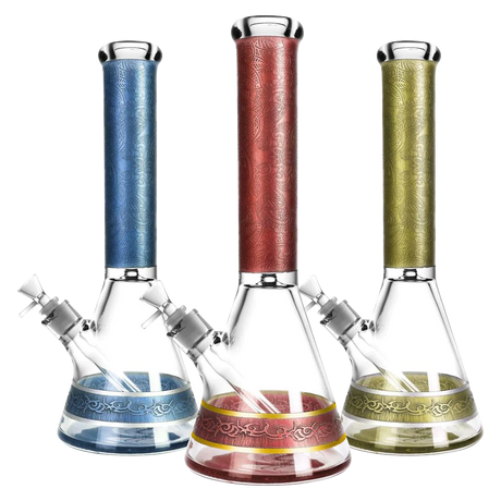 Trio of Elaborately Engraved Borosilicate Glass Water Pipes in Blue, Red, Green - 14.5" Tall