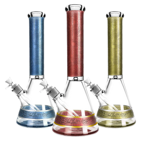 Trio of Elaborately Engraved Borosilicate Glass Water Pipes in Blue, Red, Green - 14.5" Tall