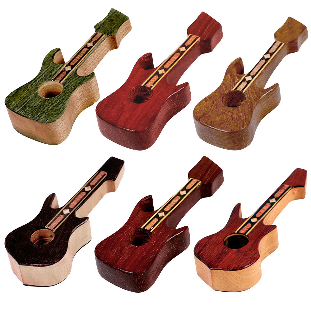 Assorted Electric Guitar Wooden Pipes in various colors, 4" height, easy-to-use hand pipes