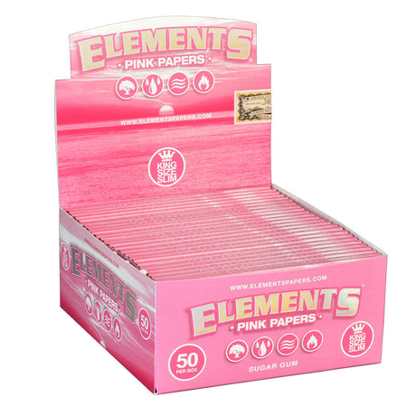Elements Pink Rolling Papers King Size Slim 50pc displayed in open box, front view