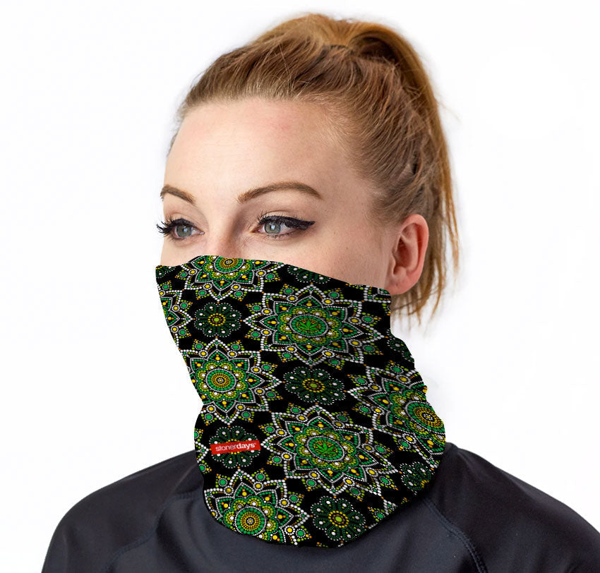 Emerald Green Neck Gaiter by StonerDays with vibrant mandala design, front view on model