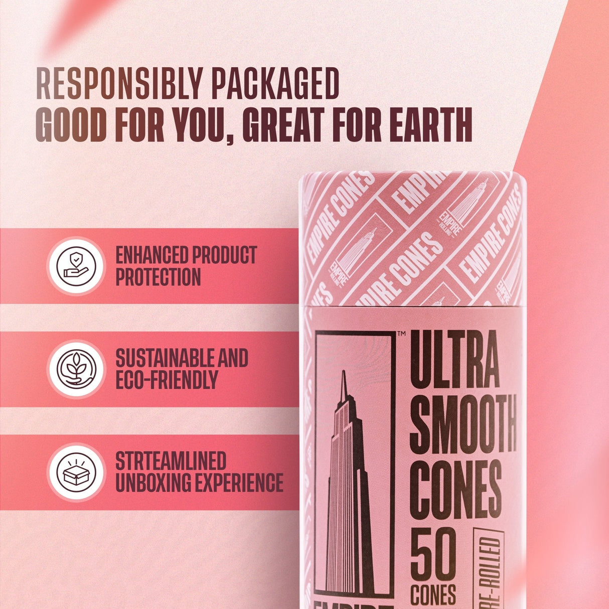 Empire Rolling Papers Ultra Smooth Pink Cones 50 Count Box, Eco-Friendly Packaging