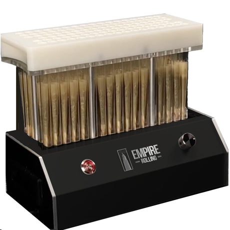 Empire ProRoll Elite 100 metal pre-roll machine with filled cones, front angle on white background