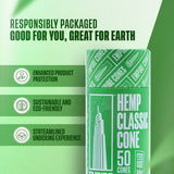 Empire Rolling Papers Ultra Smooth Hemp Cones 50 Pack angled view with eco-friendly icons