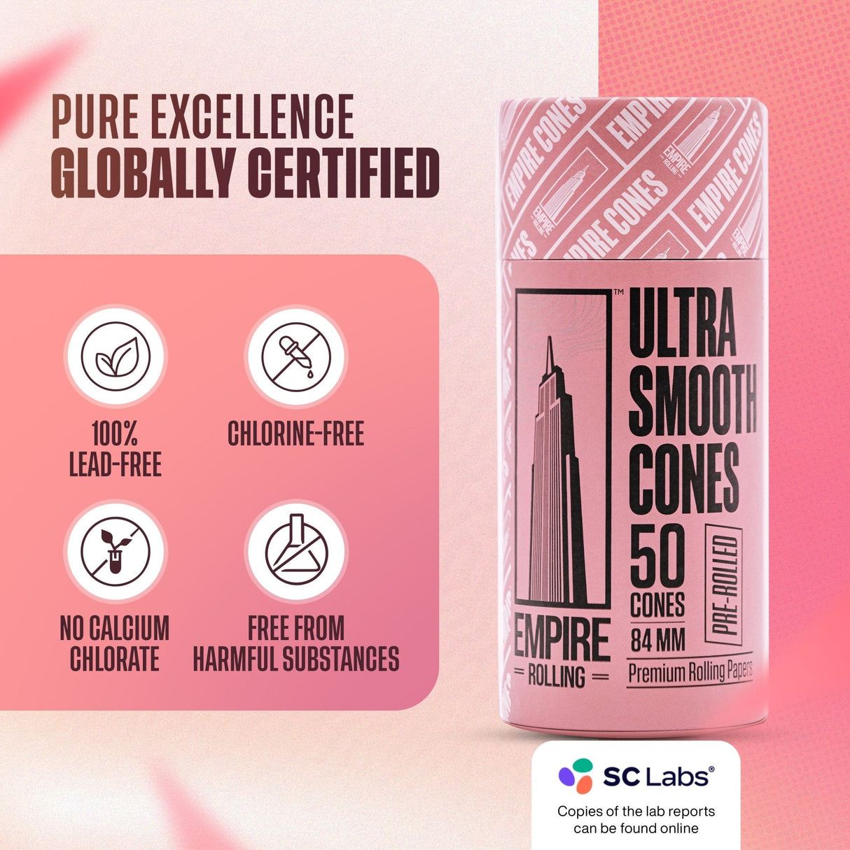 Empire Rolling Papers Ultra Smooth Pink Cones, 50 Count pack, front view with product info