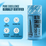 Empire Rolling Papers Ultra Smooth Blue Cones, 50 Count pack displayed with quality icons