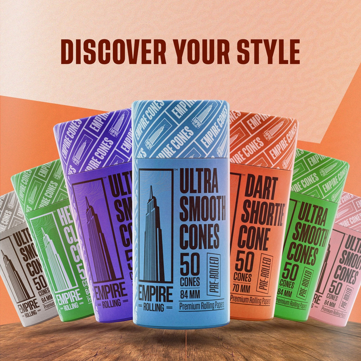 Empire Rolling Papers Ultra Smooth Dart Cones in various colors displayed with branding