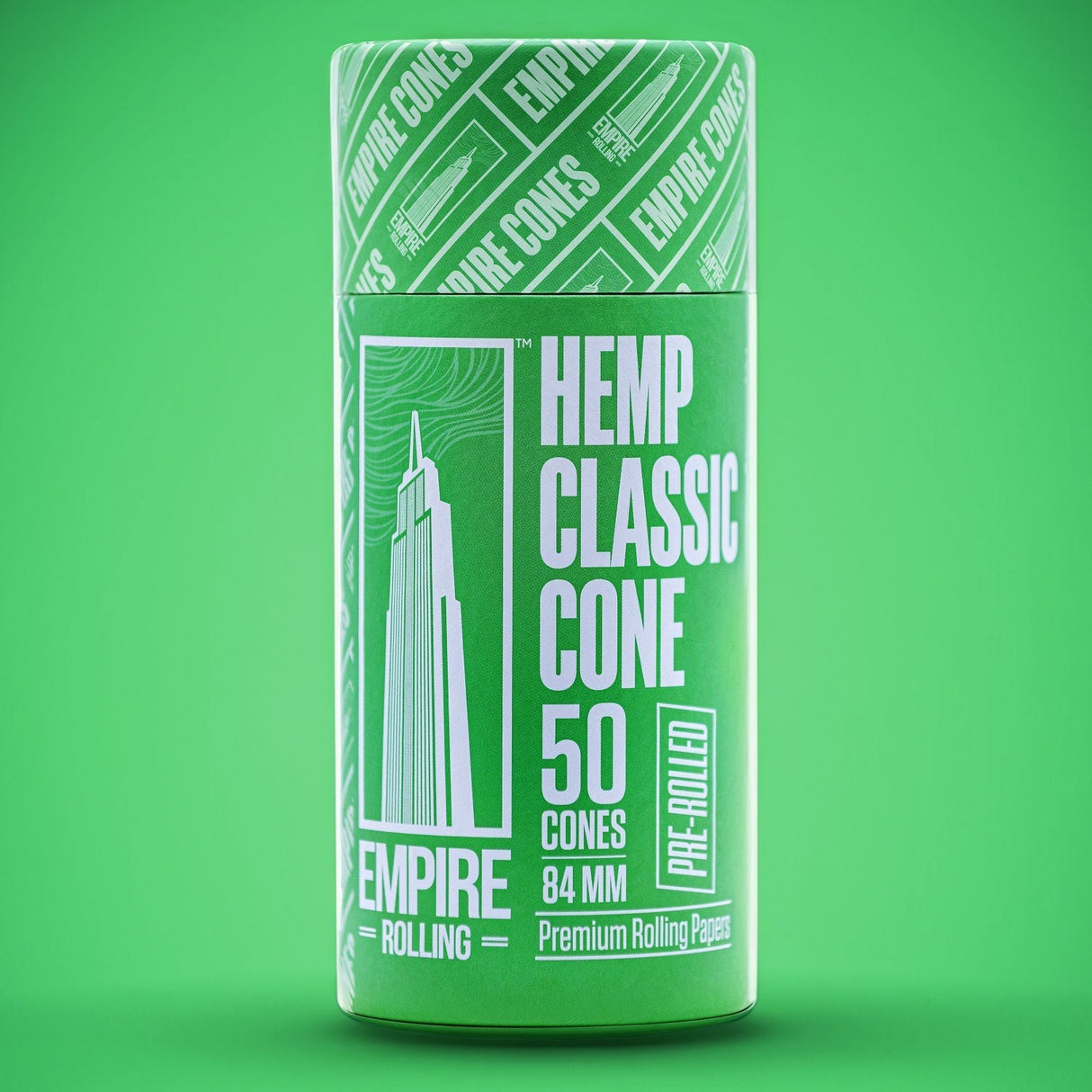 Empire Rolling Papers Ultra Smooth Hemp Cones 50 Pack, Front View on Green Background